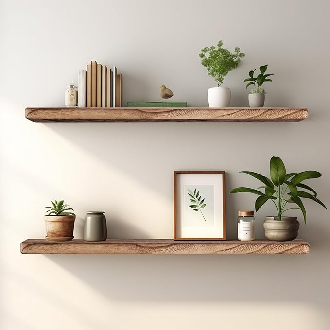 Floating Shelves 24 Inches Long, Set of 2 Solid Rustic Wood Wall Mounted Shelves, Wall Picture Ledge Shelf with Invisible Metal Brackets for Living Room, Bedroom, Bathroom, Carbonized Black