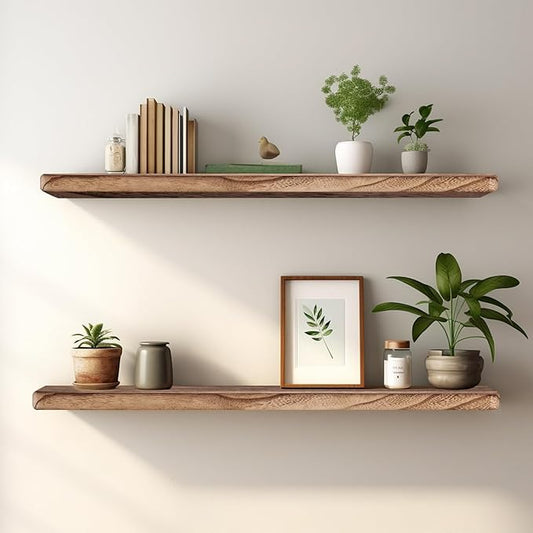 Floating Shelves 24 Inches Long, Set of 2 Solid Rustic Wood Wall Mounted Shelves, Wall Picture Ledge Shelf with Invisible Metal Brackets for Living Room, Bedroom, Bathroom, Carbonized Black