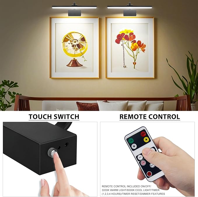 Picture Light,Picture Lights for Wall Cordless,16" Picture Lights with Timer and Dimmable,Battery Wall Lights for Display Gallery Painting Art Frame Portrait-L Black