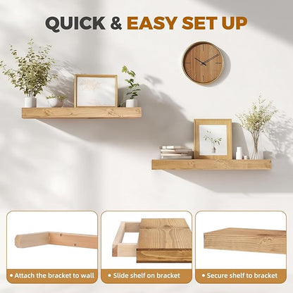 24x6.8x2 Inch Rustic Floating Shelves for Wall Set of 2 - Oak Solid Wood Wall Mounted Shelves with Invisible Bracket, Extended Design for Farmhouse Living Room Bedroom Kitchen Decor