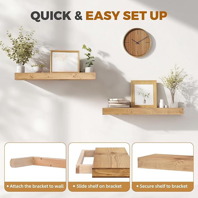 24x6.8x2 Inch Rustic Floating Shelves for Wall Set of 2 - Oak Solid Wood Wall Mounted Shelves with Invisible Bracket, Extended Design for Farmhouse Living Room Bedroom Kitchen Decor