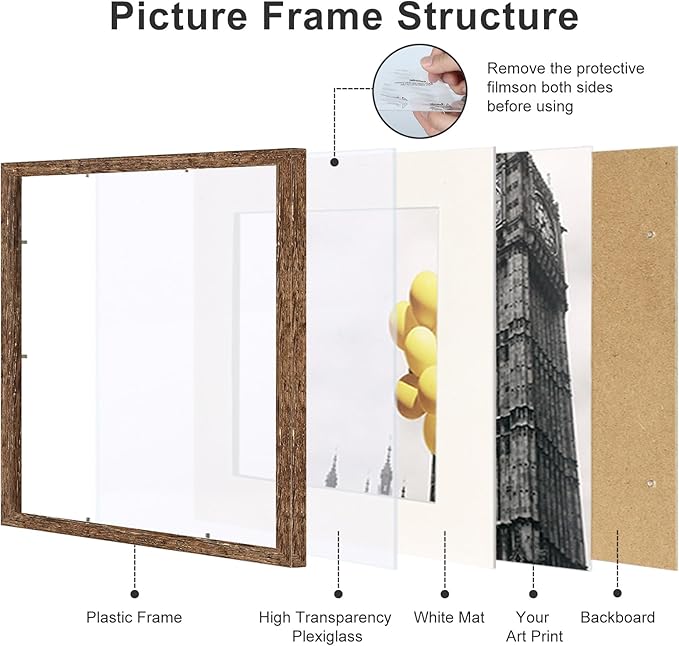 8x8 Picture Frame Set of 9, Display Pictures 4x4 with Mat or 8x8 without Mat, Multi Collage Gallery Square Photo Frames for Wall or Tabletop,Distressed Brown