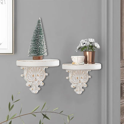 SOFE Rustic Vintage Decorative Wall Shelves, Shabby Chic White Wood Floating Shelf, Hanging Small Display Shelf for Candle, Collectibles, Figurines Item, Ornate Scroll Design