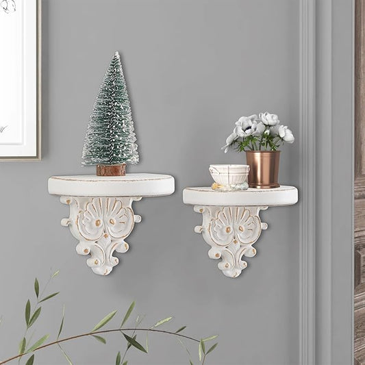 SOFE Rustic Vintage Decorative Wall Shelves, Shabby Chic White Wood Floating Shelf, Hanging Small Display Shelf for Candle, Collectibles, Figurines Item, Ornate Scroll Design