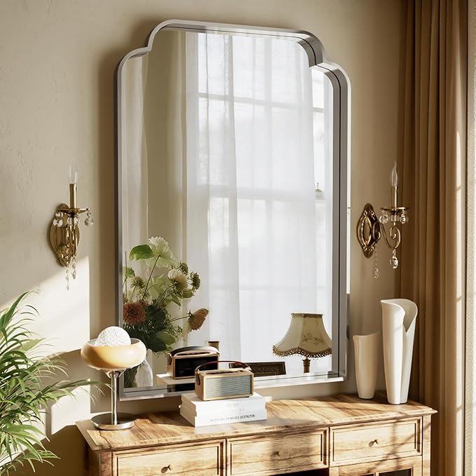 GLSLAND 30"x48" Petal Arch Bathroom Mirror – Modern Metal Frame Vanity Mirror with Scalloped Edge for Over Sink, Bedroom, Living Room, Entryway, Non-Rusting Decorative Wall Mirror, Silver