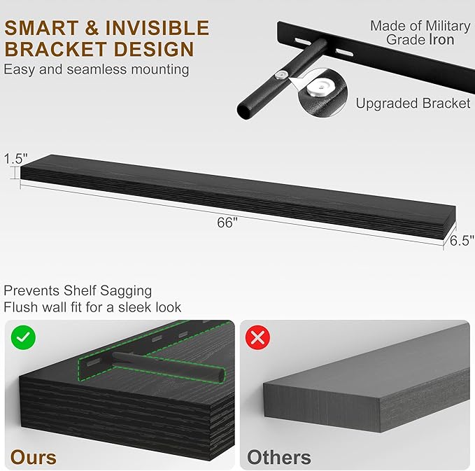 Fun Memories 66 Inch Fireplace Mantel - Long Floating Shelf, Wall Mounted Farmhouse Display with Invisible Heavy Duty Metal Bracket, Black, 2 Pack