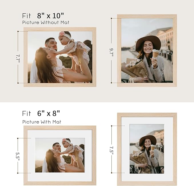 puthiac 8x10 Solid Oak Wood Picture Frame, Fits 6x8 with Mat or 8x10 Without Mat, Wall or Tabletop Display with Stand, Vertical or Horizontal, Plexi Front, 3 Pack, Natural Oak