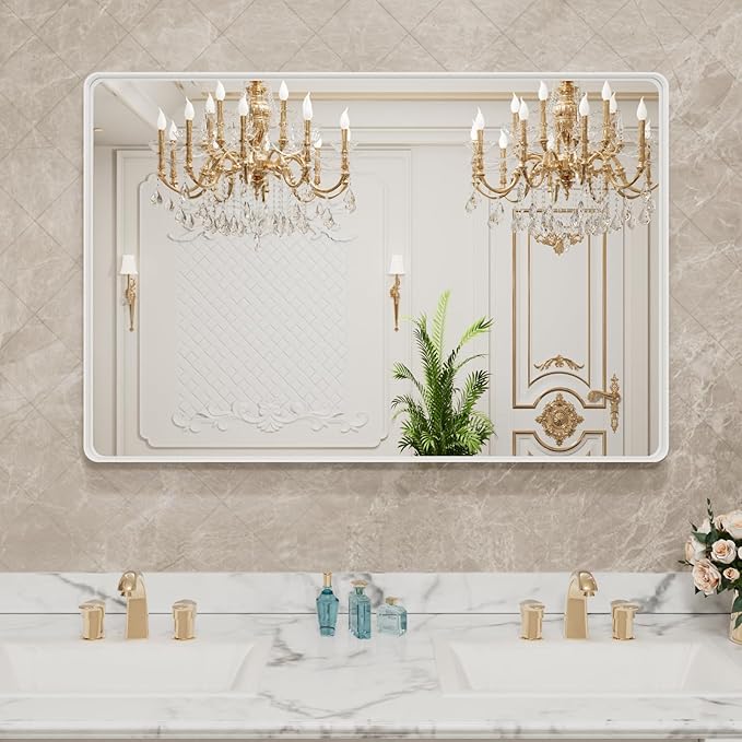 LOAAO 48x30 Inch White Metal Framed Bathroom Mirror for Wall, White Bathroom Vanity Mirror Farmhouse, Large Rounded Rectangle Mirror, Anti-Rust, Tempered Glass, Hangs Horizontally or Vertically