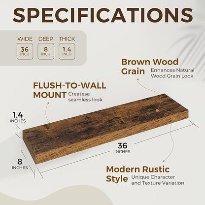 Dreamland 36 Inches Floating Shelves for Wall,8 Inch Deep Floating Shelves Set of 2, Large Display & Storage Shelf, Wall Shelf for Bathroom Bedroom Living Room Kitchen Office,Rustic Brown