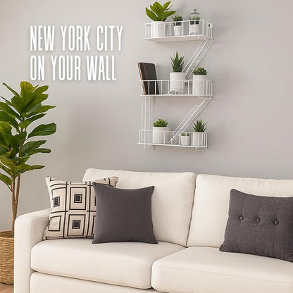 Fire Escape Wall Shelf – New York Decorative Floating Shelf – Wall Art Ladder Shelf – White Metal Trinket Shelves for Bedroom, Living Room, Home, Storage and Display (3-Tier)