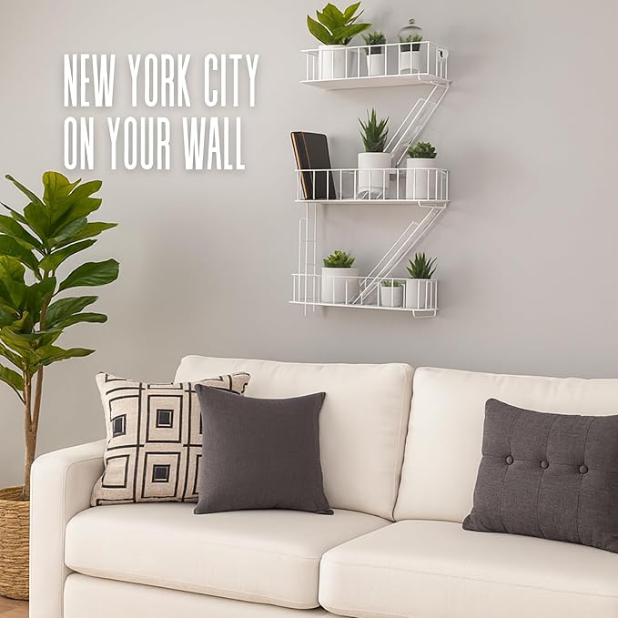 Fire Escape Wall Shelf – New York Decorative Floating Shelf – Wall Art Ladder Shelf – White Metal Trinket Shelves for Bedroom, Living Room, Home, Storage and Display (3-Tier)
