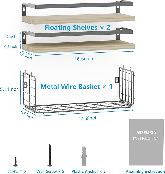 Floating Shelves with Wire Storage Basket for Toilet Paper, Wall Decor for Bathroom/Living Room/Kitchen/Bedroom, (Gold-White-Gold) Shelves for Home Decor