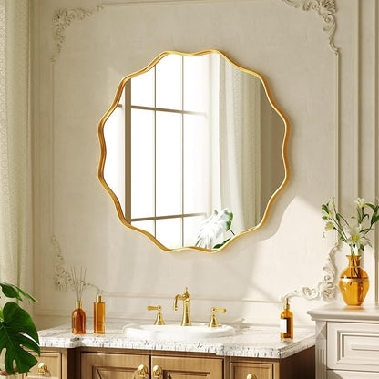 20 Inch Scalloped Round Wall Mirror, Gold Wavy Edge Frame Circle Mirror for Bathroom, Bedroom, Entryway, Living Room for Wall Decor