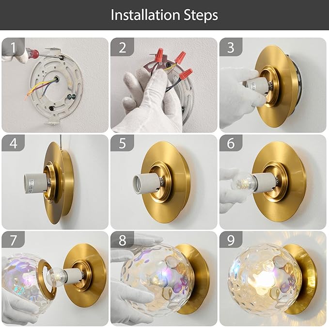 Modern Glass Globe Wall Sconce: Gold Spherical Sconces Light with Hammered Stained Glass Shade - Small Brass Vanity Single Ball Lights Fixture - Contemporary Wall Mounted Lamp for Bedroom Living Room