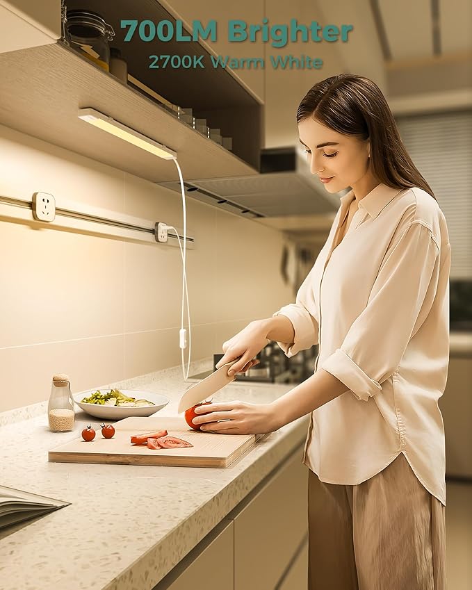 ASOKO 16 Inch Under Cabinet Lights,Plug and Play Under Counter Lighting,2700K Warm White with 700LM Bright,ETL Light Bar with ON/Off Switch for Kitchen,Under Desk,Workbench-2 Pack