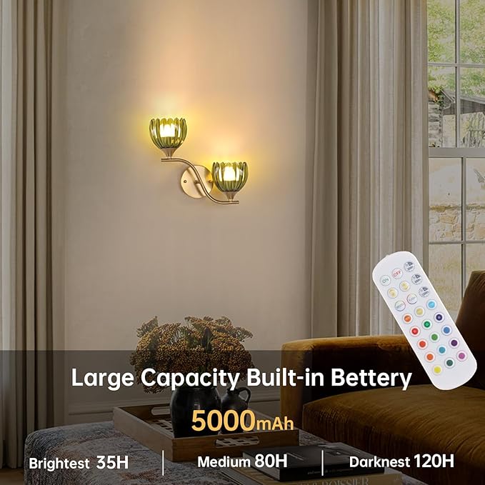 Battery Operated Wall Sconce, 2-Lights Vinatge Brass Wall Lighting with Green Tluip Shade Rechargeable Bulb with Remote for Living Room, Bedroom