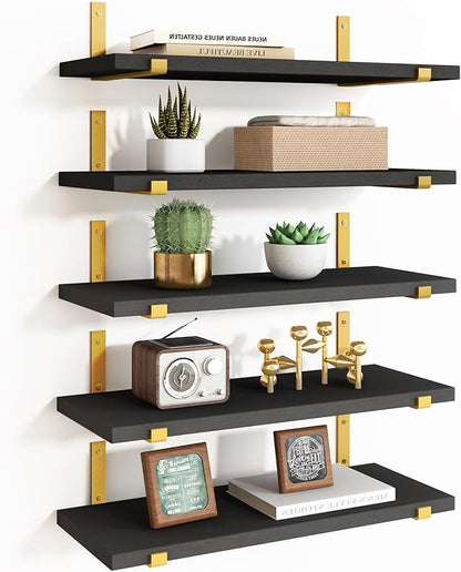 Fixwal Floating Black Gold Shelves Set of 5, Width 4.7 Inches, Rustic Wood Wall Storage Shelves for Bedroom, Living Room, Kitchen, Bathroom, Home Decor, Laundry Room, Office and Plants