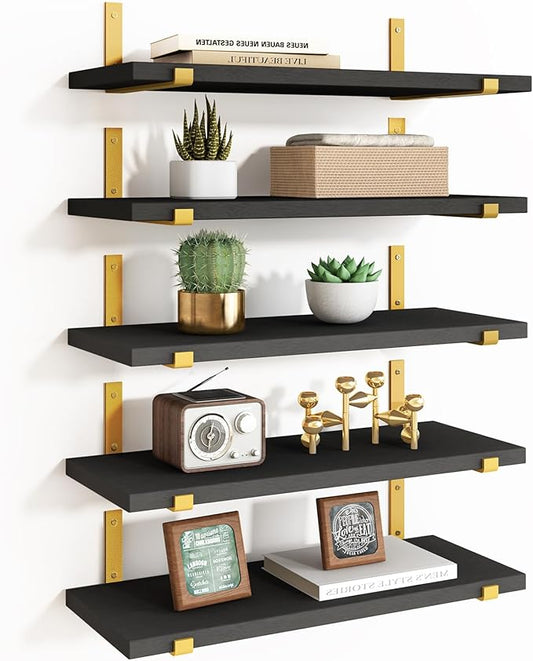 Fixwal Floating Black Gold Shelves Set of 5, Width 4.7 Inches, Rustic Wood Wall Storage Shelves for Bedroom, Living Room, Kitchen, Bathroom, Home Decor, Laundry Room, Office and Plants