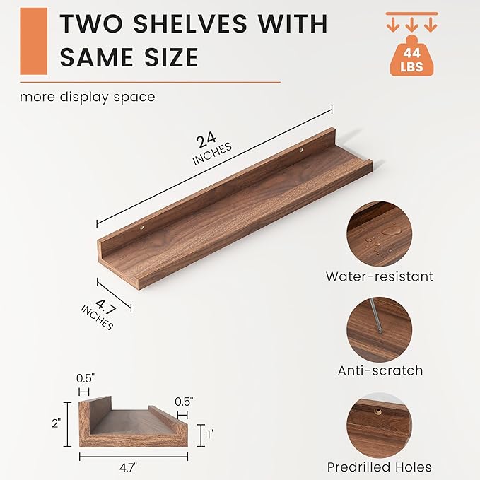 Picture Ledge Shelf, Floating Shelves Set of 2, 24 Inches Nursery Book Shelves for Toys Storage, Kids Bookshelf Wall Mounted for Living Room Bedroom Decor Books Photo Frames, Walnut