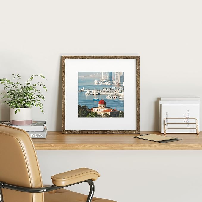 8x8 Picture Frame Set of 9, Display Pictures 4x4 with Mat or 8x8 without Mat, Multi Collage Gallery Square Photo Frames for Wall or Tabletop,Distressed Brown