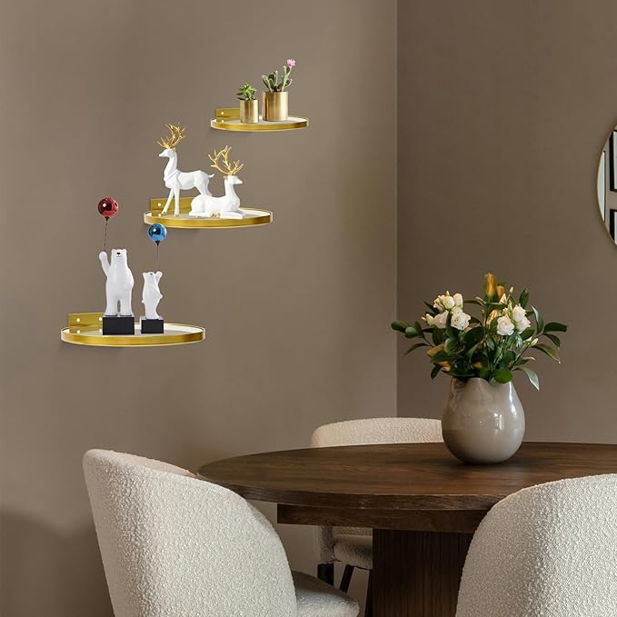 ZEXUIRU 3 Set Glass Decorative Floating Shelves Metal Frame Display Shelf Wall Decor for Home Office Mixed Size