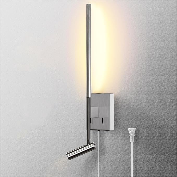 ZEROUNO Modern Plug in Wall Sconce Mounted Wall Reading Light, Corded Brushed Nickel Wall Sconce with On Off Switch, Art Deco Wall Mount Bedside Lamp for Bedroom Living Room Corner etc.