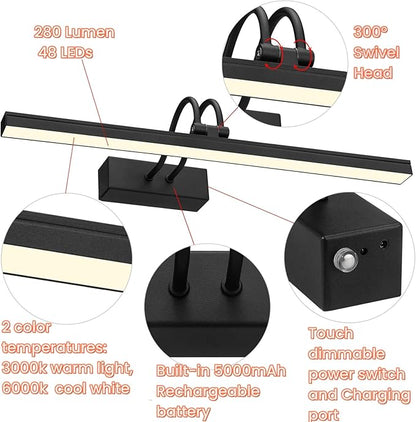 FUNCHDAY Dimmable Picture Light with Remote, 2 Colors Wireless Art Lights for Wall, 5000mAh Rechargeable Battery Gallery Pictures Lights, 16in Metal Display Light for Photo,Frame (Black)