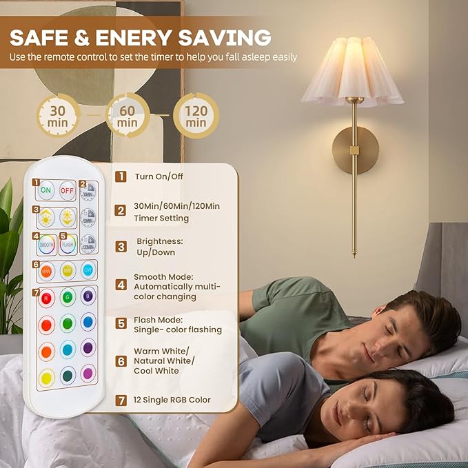 Battery Operated Wall Sconces Set of 2, Rechargeable RGB Wall Lights, Not Hardwired Wall Lights with Petal Shades, Wireless Wall Lamp with Remote Control for Living Room Corridor Bedroom etc