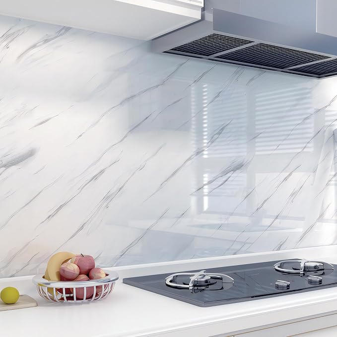 Glossy Marble Contact Paper White Peel and Stick Wallpaper Marble Wallpaper Self-Adhesive Removable 23.6