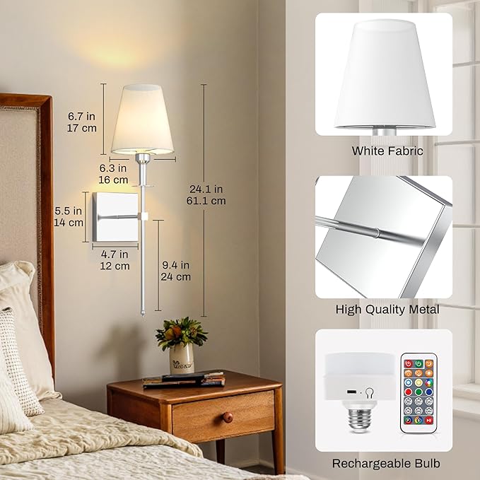 DORESshop Battery Operated Wall Sconce Set of 2, Chrome Rechargeable Wall Lights, Sconce Wall Decor Set of 2, 7 Colors Mode Wireless Sconces for Bedroom Living Room Hallway