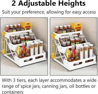 3 Tier Foldable Spice Rack for Countertop Iron Kitchen Seasoning Organizer for Cabinet, White