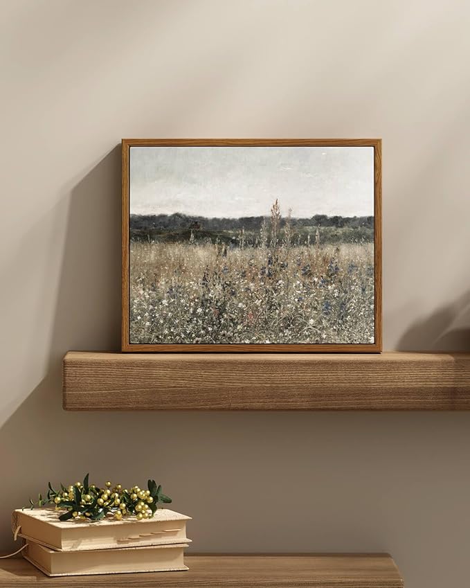 InSimSea Framed Canvas Wall Art Vintage Decor, Wildflower Field Canvas Wall Art Paintings Prints, Rustic Landscape Wall Decor for Bathroom Office Dining Room, 9