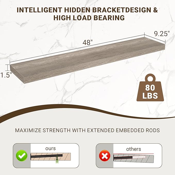 48 Inch Floating Shelves, 3D Textured Wood Grain, 48