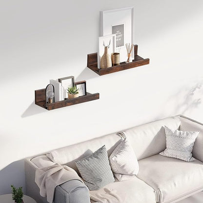 Muzilife 12" Small Floating Wall Ledge Shelves with Lip - Set of 2 Wood Floating Shelves - Rustic Brown Wall Mounted Picture Ledge for Office, Bathroom, Bedroom, Living Room, Kitchen
