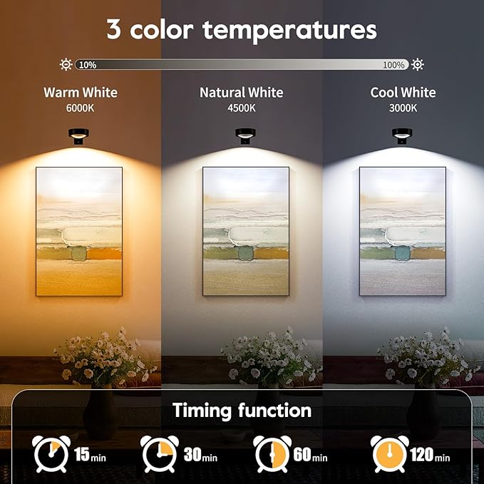 Brightown 3-Pack Picture Lights for Wall,Rechargeable Battery Operated Painting Light Magnetic Art Display Light with Remote, Puck Lights, Dimmable & Timer Art Lighting for Paintings Wireless,Black