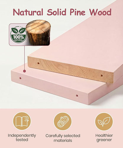 Nursery Book Shelves for Wall Set of 3, Pink Natural Wood Bookshelf Wall Decor, Small Floating Shelf Organizer for Kids Room, Bedroom, Kitchen Spice Rack