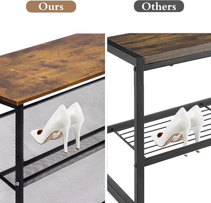 Garden 4 you Shoe Rack for Entryway 4 Tiers 11.8" D x 25" W x 28" H, Metal Shoe Rocks with Brown Wooden Tabletop, Angled Shoes Rack with Adjustable Mesh Shelves for Entryway Hallway Closet