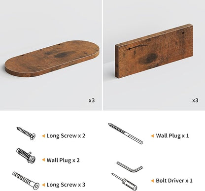 Wooden Floating Shelves for Wall, Floating Shelf for Bedroom Kitchen Decor, Wall Mounted Rustic Farmhouse Wood Shelf for Books, Plants, Set of 3(Rustic Brown, S (Round))