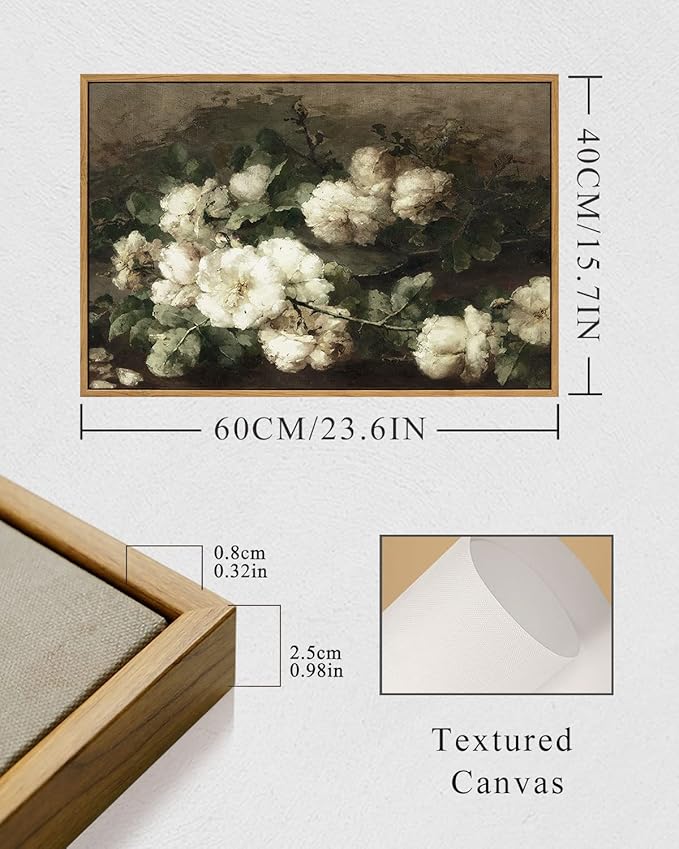 InSimSea Framed Canvas Wall Art Vintage Decor, Room Decor White Roses Still Life Paintings Canvas Print, Mid Century Modern Decor for Living Room, Bathroom Farmhouse Kitchen, 16