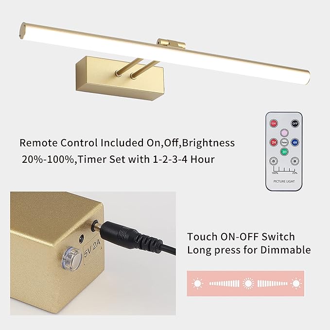 Battery Operated Picture Light,5200mAh Picture Lights for Wall with Remote,16 inch Art Light for Paintings, Gallery Lighting for Photo,Mirror,Artwork Frame,Portrait(Gold)