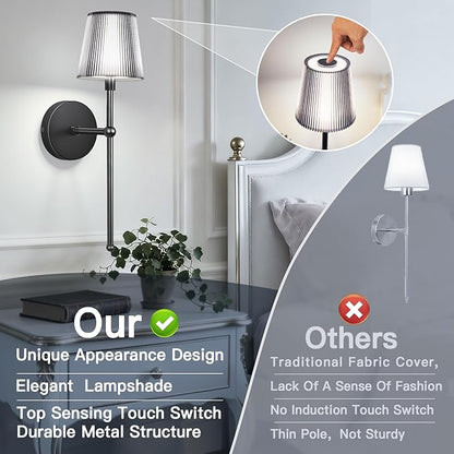 Battery Operated Wall Sconces Set of 2, Wireless Wall Sconce with Remote Dimmable Timer, Rechargeable 5200mAh, Cordless Wall Light for Bedroom Living Room, Hallway, Light Decor