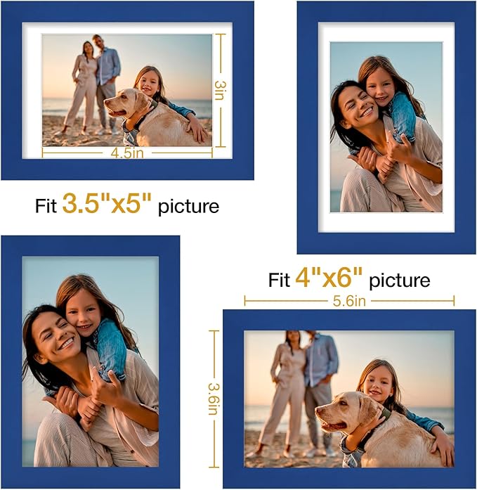 Vittanly 4x6 Picture Frames Set of 4, Display Pictures 3.5x5 with Mat or 4x6 without Mat, Small Photo Frames for Wall or Tabletop Display, Engineered Wood with Shatter Resistant Plexiglass, Royal Blue