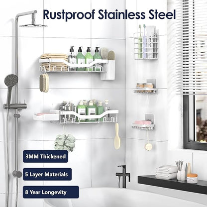Shower Caddy Adhesive Shower Organizer 7-Pack, Rustproof Stainless Steel Bathroom Shelves, Large Capacity No-Drill Rack Storage Accessories with Soap Dish Toothbrush Holder Hooks