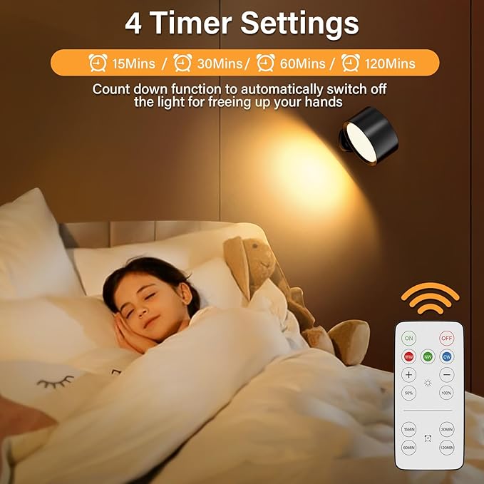 LED Wall Mounted Lights,Rechargeable Battery Operated Wall Sconce with Remote,3 Color Temperatures & Dimmable Magnetic 360° Rotation Cordless Wall Light for Bedside Reading,Bedroom,Closet,2 Pack