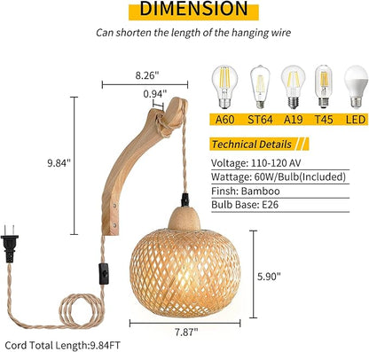 Frideko Bamboo Wall Sconces Set of Two Plug in, Boho Wall Lamp with Plug in Cord, Farmhouse Wall Light Fixtures with 9.84FT On/Off Switch Cord, Rattan Sconces Wall Lighting for Bedroom Living Room