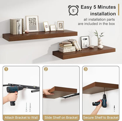 Heimlove 12" Deep Floating Shelves for Wall Shelf Over Toilet Mounted Farmhouse Long 55 Inches Set of 1, Farmhouse Shelves with Invisible Brackets for Living Room, Kitchen, Bedroom, Walnut