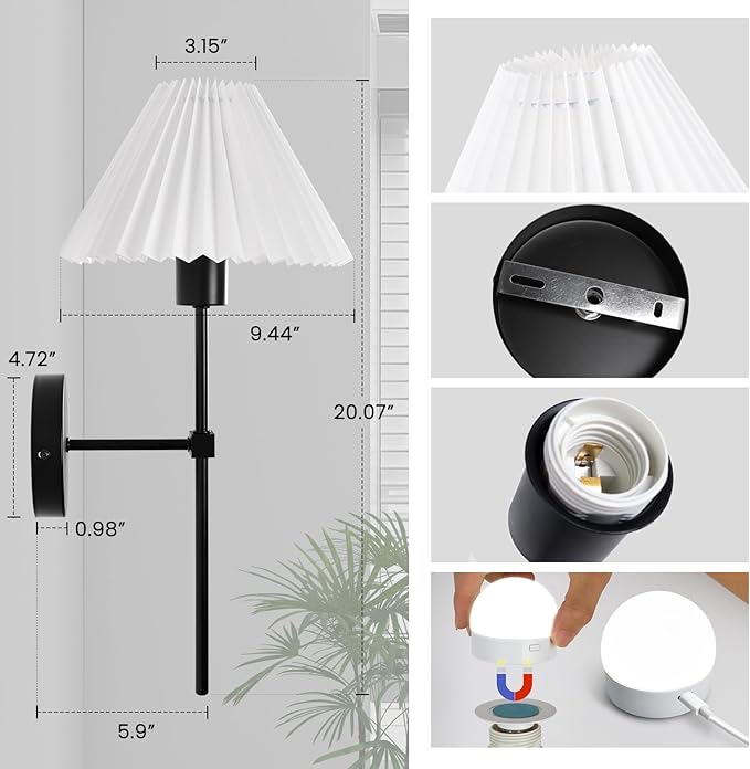 Rechargeable Battery Operated Wall Sconces Sets of 2, 15 Colors Wireless Wall Sconce, Black Wall Lights Fixture with Dimmable Bulbs and Remote, Not Hardwired Wall Mounted Lamps for Bedroom Living Room