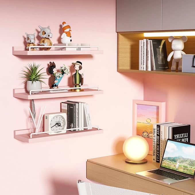 Pink and White Floating Shelves, Kawaii Room Decor Wall Shelves - Set of 3 for Living Room, Bedroom, Kitchen, Picture Frames, Plants