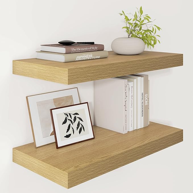 Vivelove 12 Inch Deep Floating Shelves 24 inch Long, 24 x 12 Wide Display Shelves with Invisible Brackets, Shelf for Bedroom Bathroom Living Room Office Home, Modern Shelf Set of 2, Oak