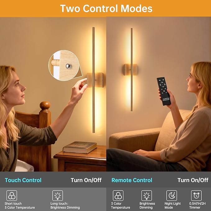Battery Operated Wall Sconce Set of 2, 10400mAh Rechargeable Wall Sconces, 3000K-6000K Dimmable, 350°Rotate, Indoor Wall Lights for Bedroom Living Room, Original Wood, 31.5 Inch